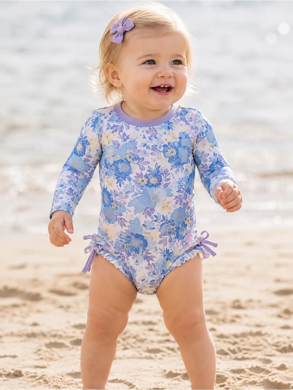 RuffleButts Baby Girls Floral Long Sleeve One Piece Swimsuit 6-12M